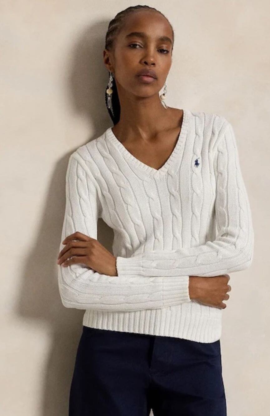 Polo Ralph Lauren Wool Cashmere Cable Knit V Neck Sweater White XS